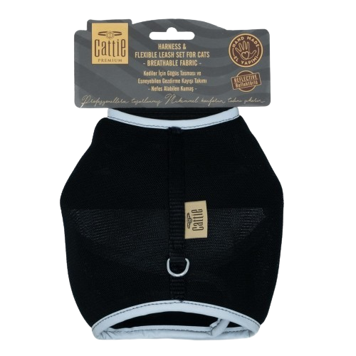 Cattie Havalı Dokuma Kedi Göğüs & Gezdirme Takımı Siyah 1X25-35Cm