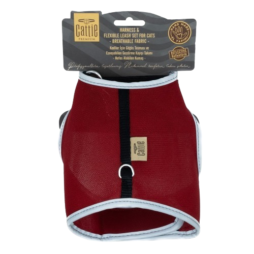 Cattie Havalı Dokuma Kedi Göğüs & Gezdirme Takımı Kırmızı 1X25-35Cm