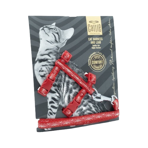 Cattie Desenli Kedi Göğüs & Gezdirme Takımı Kırmızı 1X25-40Cm