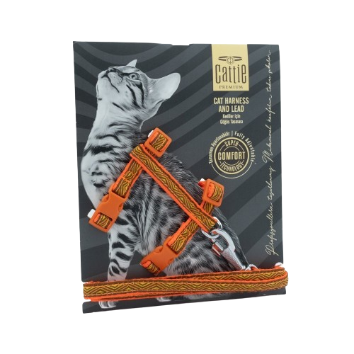 Cattie Desenli Kedi Göğüs & Gezdirme Takımı Turuncu 1X25-40Cm