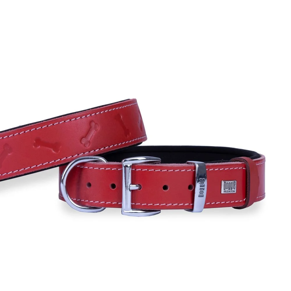Doggie Konfor Deri Kemik Desenli Boyun Tasması Kırmızı 3,5X47-55Cm