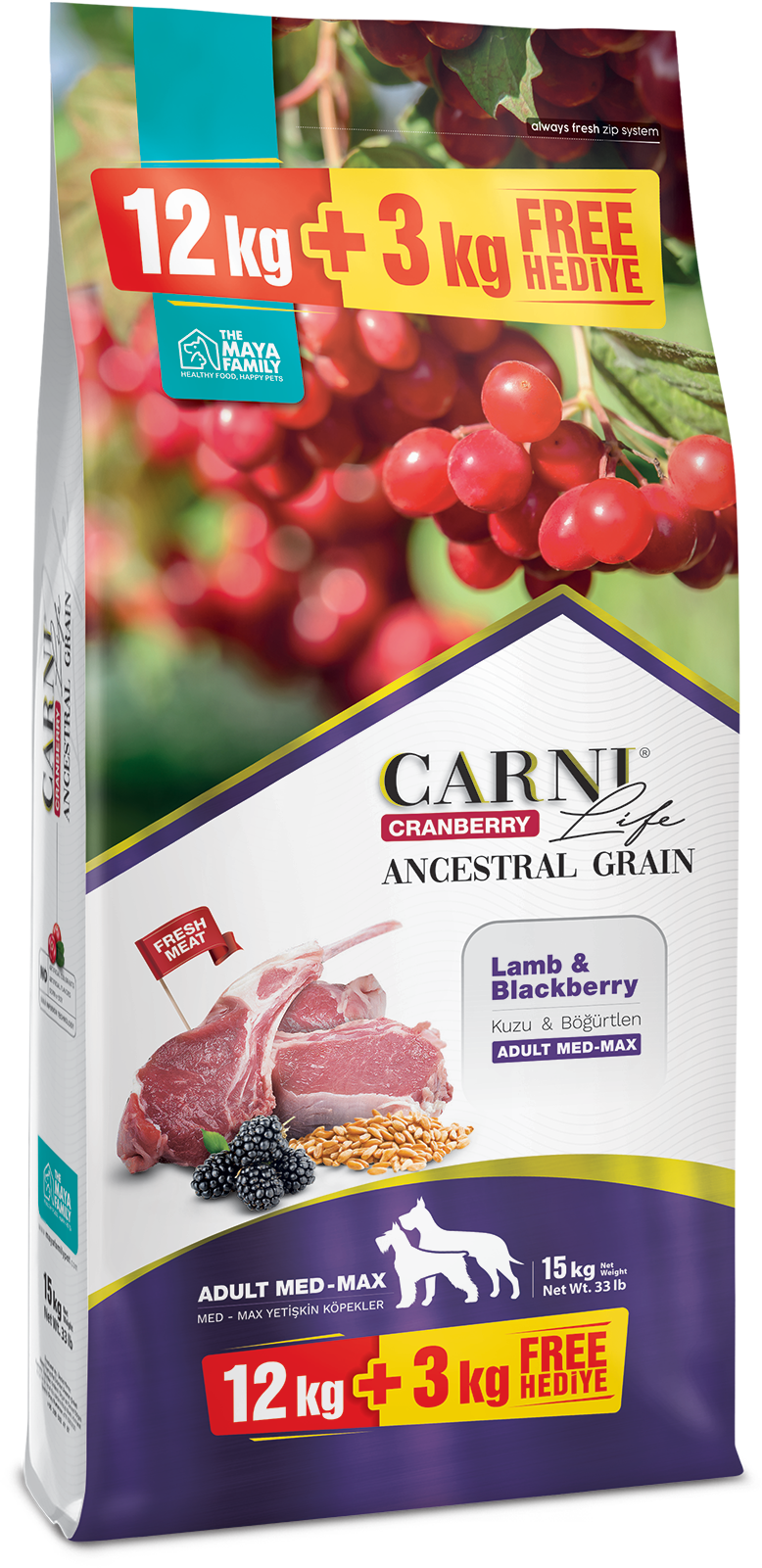 Carni Life Ancestral Grain Kuzu Etli Böğürtlenli Medium Maxı Yetişkin Köpek Maması 12+3 kg