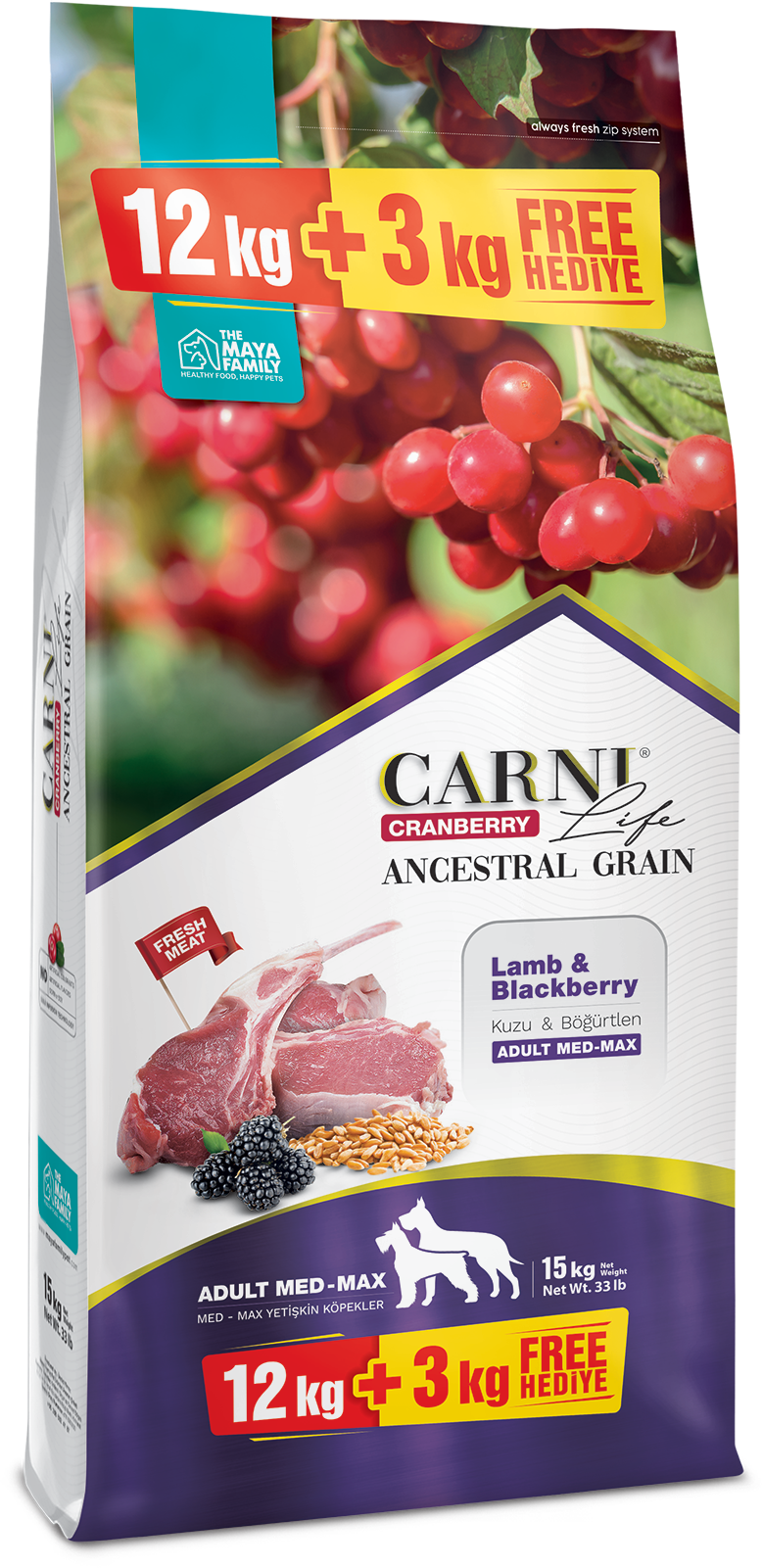 Carni Life Ancestral Grain Kuzu Etli Böğürtlenli Medium Maxı Yetişkin Köpek Maması 12+3 kg STD